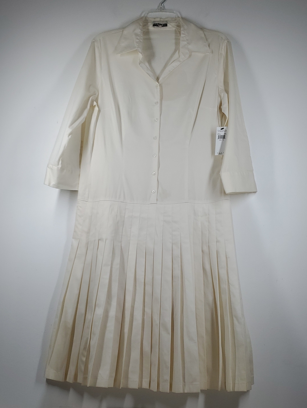 Tahari Ivory Pleated Shirt Dress Cotton Blend Midi Drop Waist Dress Women 14 NWT